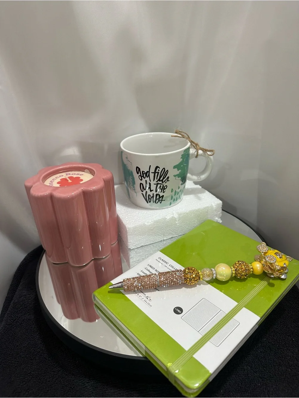 Pink Floral Candle Holder, Green Notebook & Decorative Beaded Pen Set & mug NWT